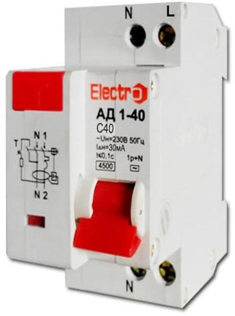 60AD4050E30 Дифференциальный автоматический выключатель ElectrO АД1-40, 50А, 10 мА, 1Р+N, 6kA, AC фото